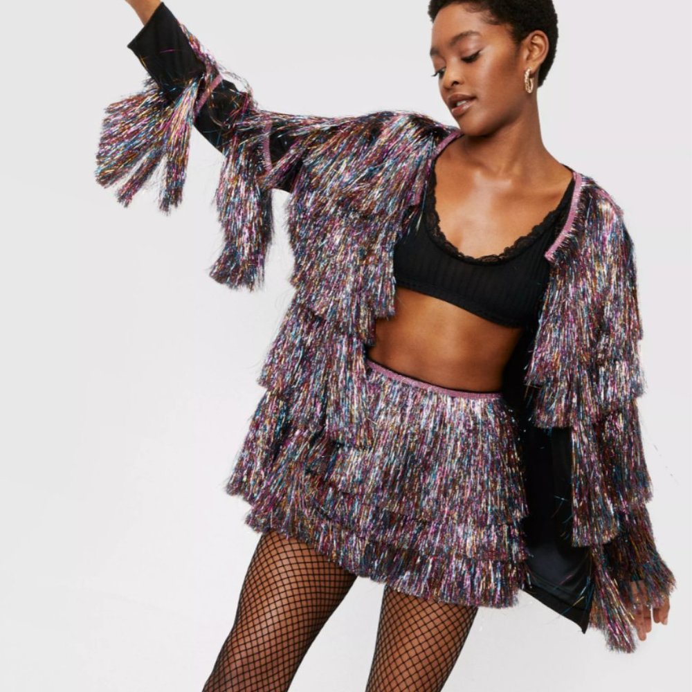 NWT Nasty Gal Metallic Tiered Tinsel Fringe Open Front Jacket